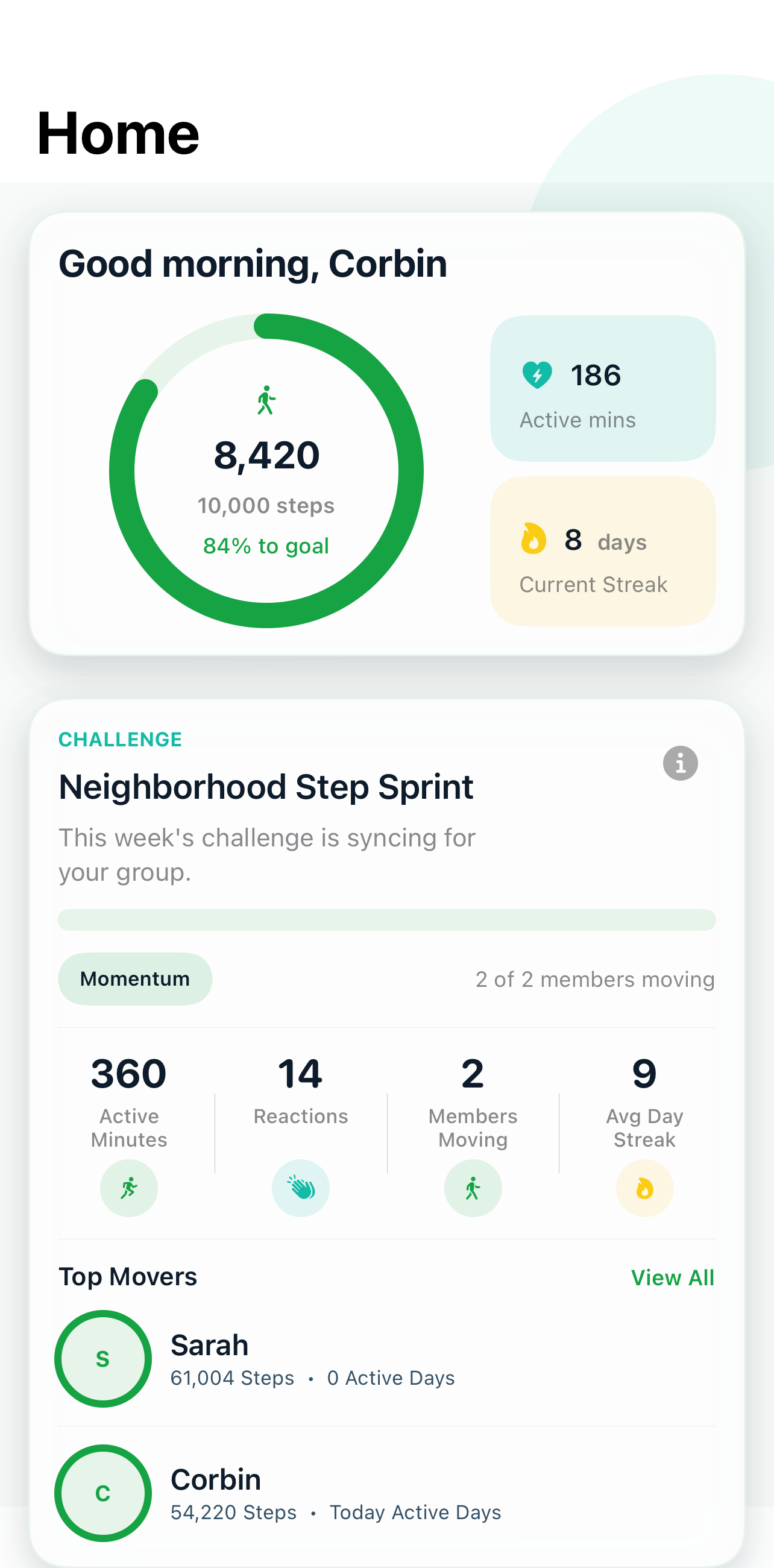 Move It Health home tab showing the step ring, challenge card, and group progress